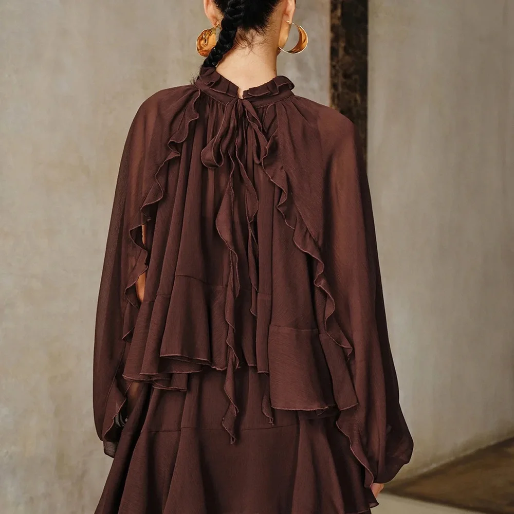 Commense Tiered Ruffle Chiffon Mini Dress Set w/Liner Dark Brown Size XS NWT $69 - Picture 5 of 6